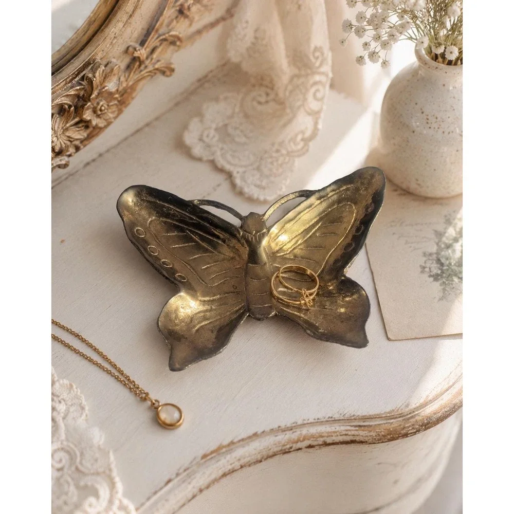 Vintage Brass Butterfly Trinket Dish Boho Cottage Garden Decor by Enesco